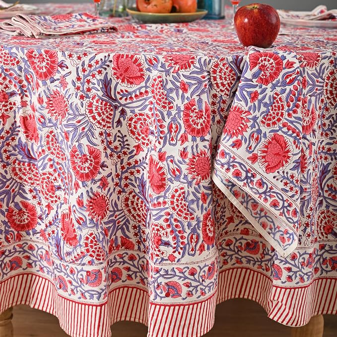 Hand Block Printed Tablecloth – Colorful Floral Print | 100% Cotton | Indian Artisan Handmade Art | Dining Room, Kitchen, Outdoor Décor, (Flamingo Pink, 6 Seater 72 Inches Round)