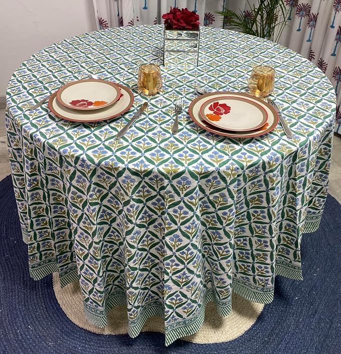 Ridhi Round Tablecloth Hand Block Print 100% Cotton Reusable Sea Green 110 Inch Table Cover Decorative Everyday Use for Dining, Home, Party, Wedding, Farmhouse, Party Gift for Spring, Mother's Day
