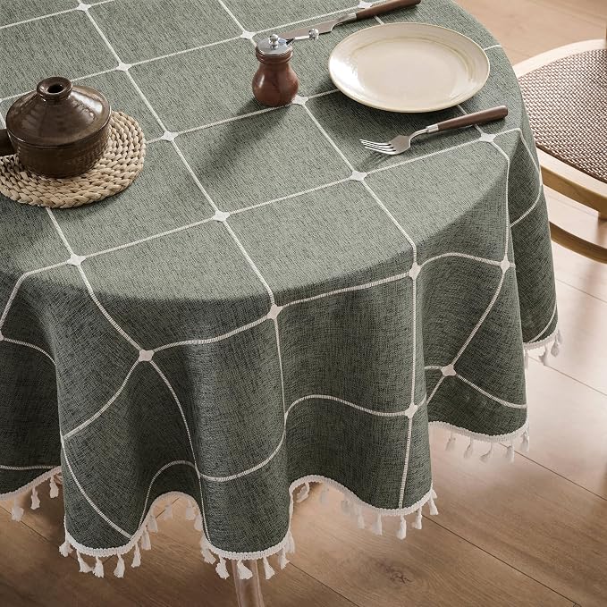 ZeeMart Boho Grid Table Cloth with Tassels (Olive, 60" Round), Heavy Weight Linen Checked Embroidered Farmhouse Tablecloth, Water Resistant Round Olive Green Tablecloths