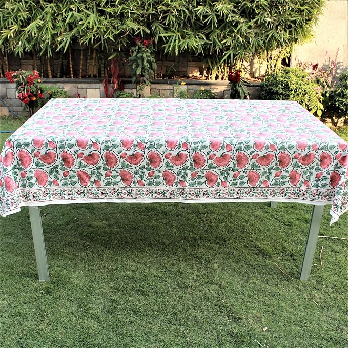 Ridhi Coral & Turquiose Green Hand Block Print Cotton Rectangle Tablecloth 102" x 48" inches Reusable Table Cover Decorative Everyday Use for Dining Room, Farmhouse, Home Gift for Spring, Mother's Day