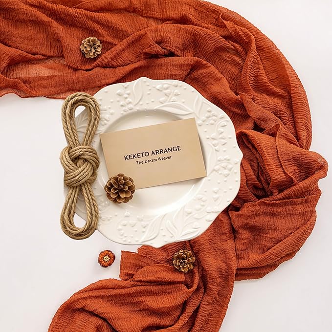 Keketoarrange 3pcs Fall Terracotta Table Runner Rust Gauze Rustic Cheesecloth 120 Inch 10 FT for Wedding Baby Shower Bridal Shower Birthday Engagement Garden Party Sheer Boho Thanksgiving Decorations