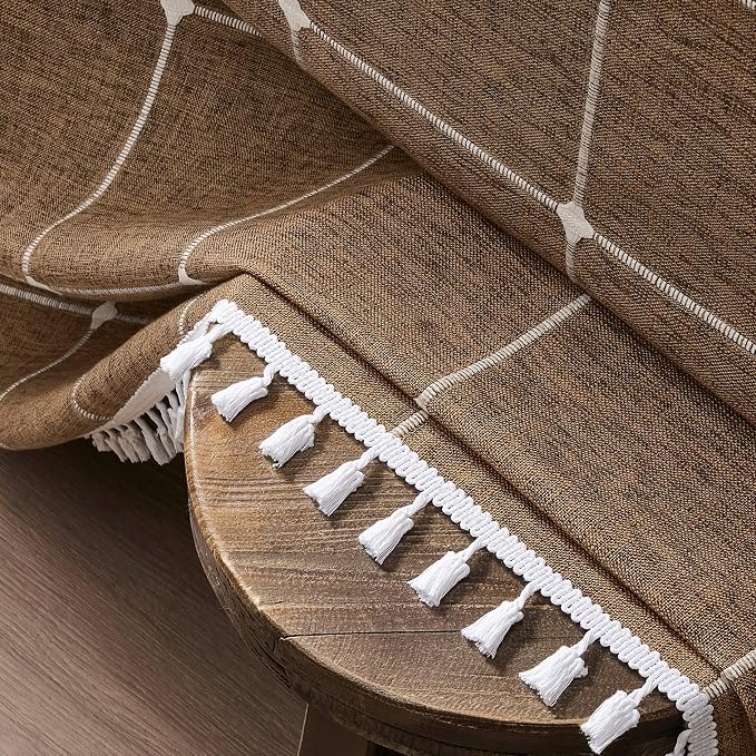 ZeeMart Boho Grid Table Cloth with Tassels (Caramel, 60" x 120"), Heavy Weight Linen Checked Embroidered Farmhouse Tablecloth, Water Resistant Rectangle Brown Tablecloths