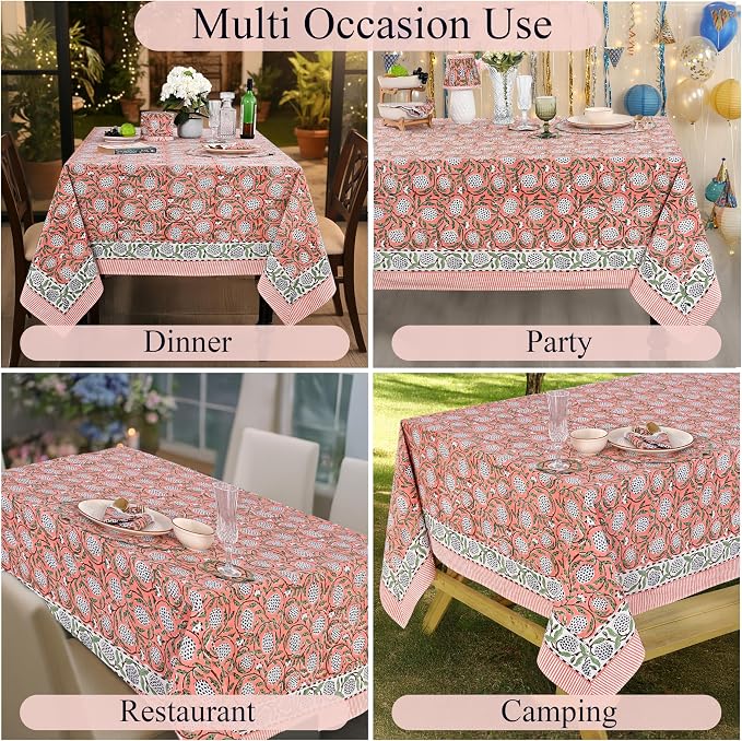 Ridhi Dark Salmon Pink Hand Block Print Cotton Rectangle Tablecloth 108" x 70" inches Reusable Table Cover Decorative Everyday Use for Dining Room, Farmhouse, Home Gift for Spring, Mother's Day