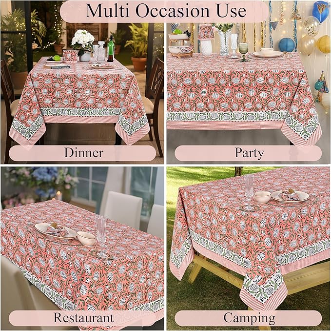 Ridhi Dark Salmon Pink Hand Block Print Cotton Rectangle Tablecloth 120" x 80" inches Reusable Table Cover Decorative Everyday Use for Dining Room, Farmhouse, Home Gift for Spring, Mother's Day