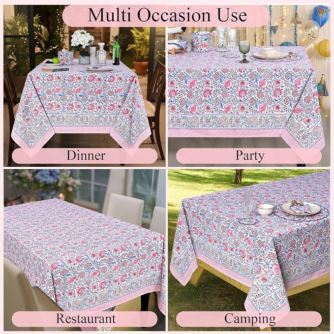 Ridhi Hand Block Print Pigeon Blue Flamingo Pink Rectangle Cotton Tablecloth 160" x 72" Reusable Table Cover Decorative Everyday Use for Dining, Farmhouse, Home Gift for Spring, Easter, Valentine