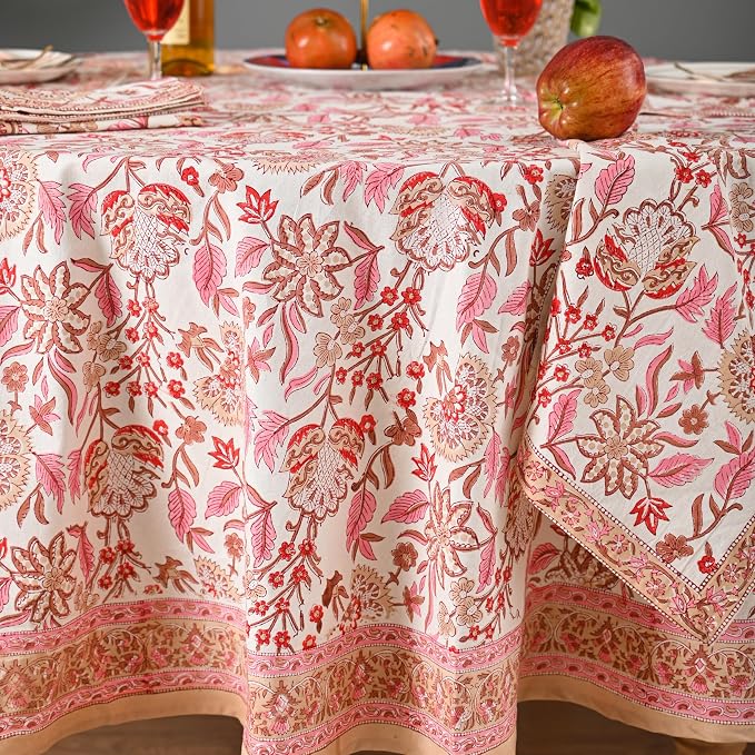 Hand Block Printed Tablecloth – Colorful Floral Print | 100% Cotton | Indian Artisan Handmade Art | Dining Room, Kitchen, Outdoor Décor, (Pink Meadow Bloom, 4 Seater 60 Inches Round)