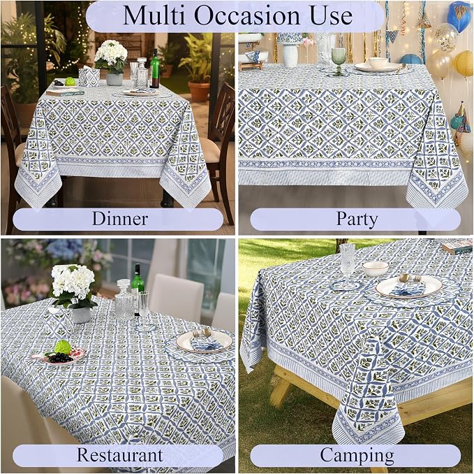 Ridhi Steel Blue 60x60 Inches Square 100% Cotton Hand Block Print Tablecloth Washable Halloween Thanksgiving/Christmas Parties/Wedding Use,Fall décor Farmhouse Dining Dinner Tablecloth