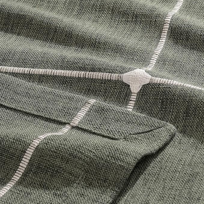 ZeeMart Grid Embroidered Hemmed Tablecloths, Olive 60x120 Inch, Farmhouse Style Heavy Weight Cotton Linen Olive Green Tablecloths, Boho Plaid Water Resistant Rectangle Table Cloth