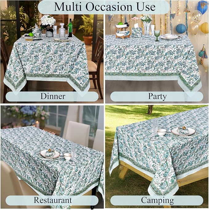 Ridhi Sage and Russian Green Hand Block Print Cotton Rectangle Tablecloth 160" x 72" inches Reusable Table Cover Decorative Everyday Use for Dining Room, Farmhouse, Home Gift for Spring, Mother's Day