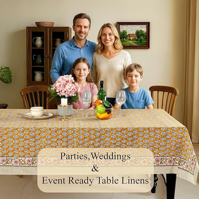 CPC Tablecloth 100% Cotton 70x118 Inch Indian Block Print Rectangle Table Cover, Table Cloth for Weddings, Spring/Summer, Barbeque - Yellow Citrine