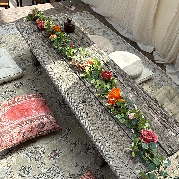Artificial Flower Garland，6.5Ft Fake Dahlia Rose Floral Eucalyptus Greenery Garland Vine for Wedding Arch，Table Runner Centerpieces Backdrop Room Wall Hanging Plant Decor（Orange）
