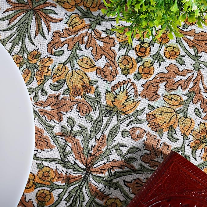 Ridhi Round Tablecloth Hand Block Print 100% Cotton Reusable Goldenrod Yellow 120 Inch Table Cover Decorative Everyday Use for Dining, Home, Party, Wedding, Farmhouse Gift for Spring, Mother's Day