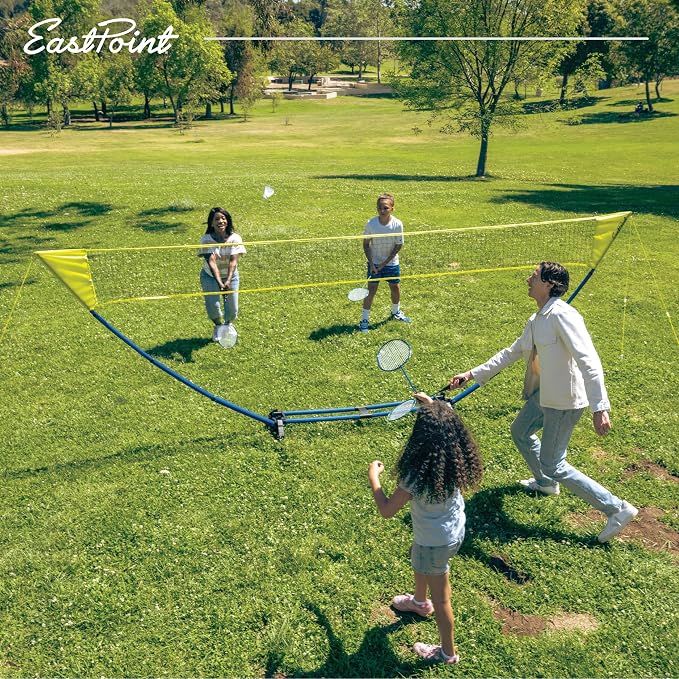 EastPoint Easy Setup Badminton Set - 15 ft Net, 4 Rackets, 2 Shuttlecocks - Quick Setup Net for Backyard Games - Steel Shaft Badminton Rackets for Family Games - Durable Shuttlecocks for Outdoors