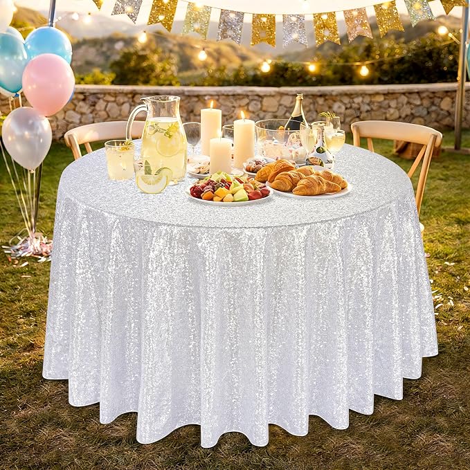 B-COOL Sequin Tablecloth Round Party Decorations: 132 Inch Silver Tablecloth Sequin Overlay Glitter Fabric for Indoor and Outdoor Gathering Christmas Parties