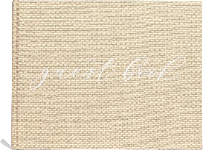 Pearhead Linen Wedding Guest Book with White Script, Elegant Bridal Shower & Wedding Keepsake, Includes Pen, 100 Blank Pages, 7 x 9, Beige
