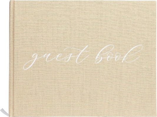 Pearhead Linen Wedding Guest Book with White Script, Elegant Bridal Shower & Wedding Keepsake, Includes Pen, 100 Blank Pages, 7 x 9, Beige