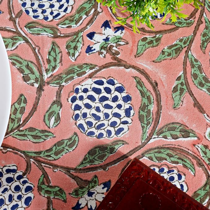Ridhi Round Tablecloth Hand Block Print 100% Cotton Reusable Dark Salmon 120 Inch Table Cover Decorative Everyday Use for Dining, Home, Party, Wedding, Farmhouse, Party Gift for Spring, Mother's Day