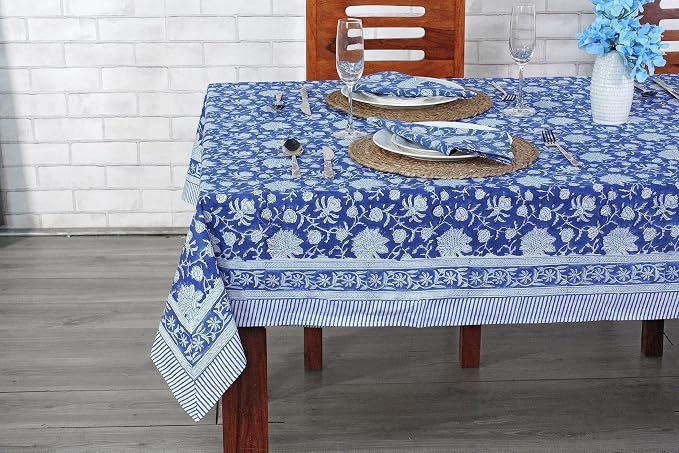 Ridhi Dark Blue Hand Block Print Cotton Rectangle Tablecloth 190" x 72" inches Reusable Table Cover Decorative Everyday Use for Dining Room, Farmhouse, Home Gift for Spring, Mother's Day