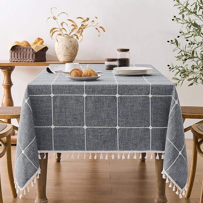 ZeeMart Boho Grid Table Cloth with Tassels (Blue Ashes, 52" x 70"), Heavy Weight Linen Checked Embroidered Farmhouse Tablecloth, Water Resistant Rectangle Blue Grey Tablecloths