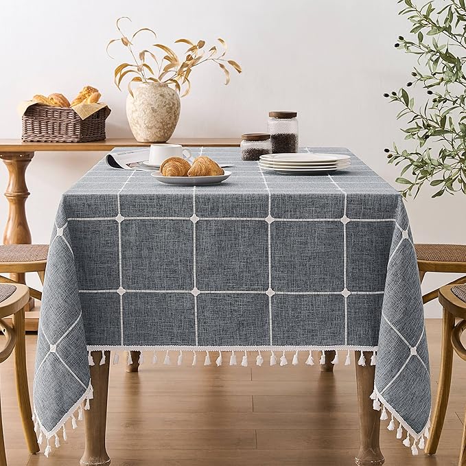 ZeeMart Boho Grid Table Cloth with Tassels (Blue Ashes, 60" x 60"), Heavy Weight Linen Checked Embroidered Farmhouse Tablecloth, Water Resistant Square Blue Grey Tablecloths
