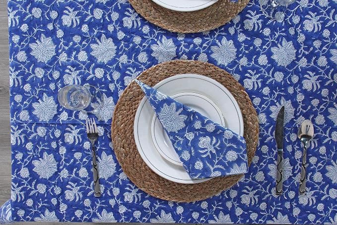 Ridhi Dark Blue Hand Block Print Cotton Rectangle Tablecloth 118" x 70" inches Reusable Table Cover Decorative Everyday Use for Dining Room, Farmhouse, Home Gift for Spring, Mother's Day