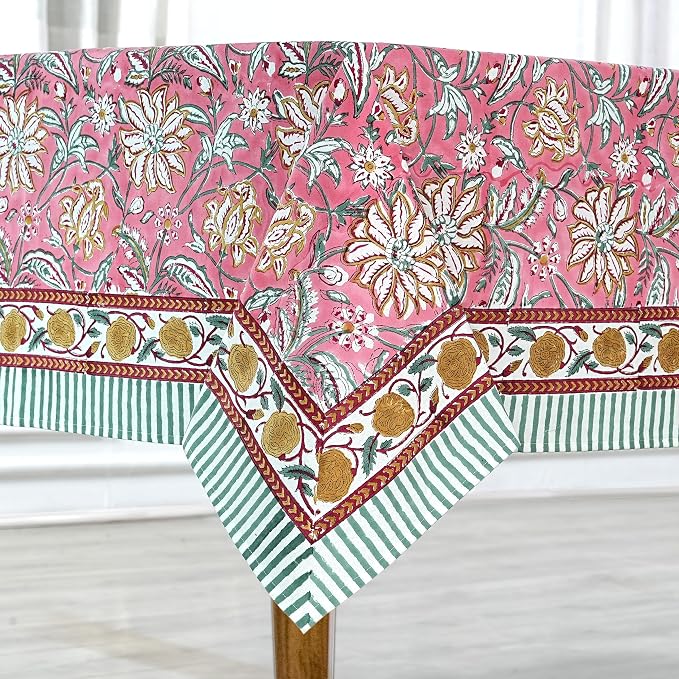 Ridhi Candy Pink Hand Block Print Cotton Rectangle Tablecloth 120" x 60" inches Reusable Table Cover Decorative Everyday Use for Dining Room, Farmhouse, Home Gift for Spring, Mother's Day