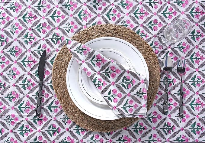 Ridhi Pink and White Hand Block Print Cotton Rectangle Tablecloth 102" x 48" inches Reusable Table Cover Decorative Everyday Use for Dining Room, Farmhouse, Home Gift for Spring, Mother's Day