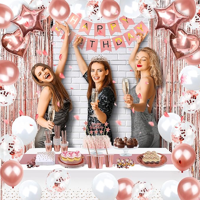 255 pcs Sweet 16 Party Decorations, 25 sets of Tableware, Sweet 16th Birthday Decorations, Rose Gold Party Decorations, 25 Tableware Sets, Balloon, Pump, Banner, Tassel Curtain for Girls