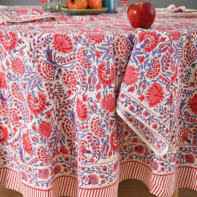 Hand Block Printed Tablecloth – Colorful Floral Print | 100% Cotton | Indian Artisan Handmade Art | Dining Room, Kitchen, Outdoor Décor, (Flamingo Pink, 108 Inches Round)