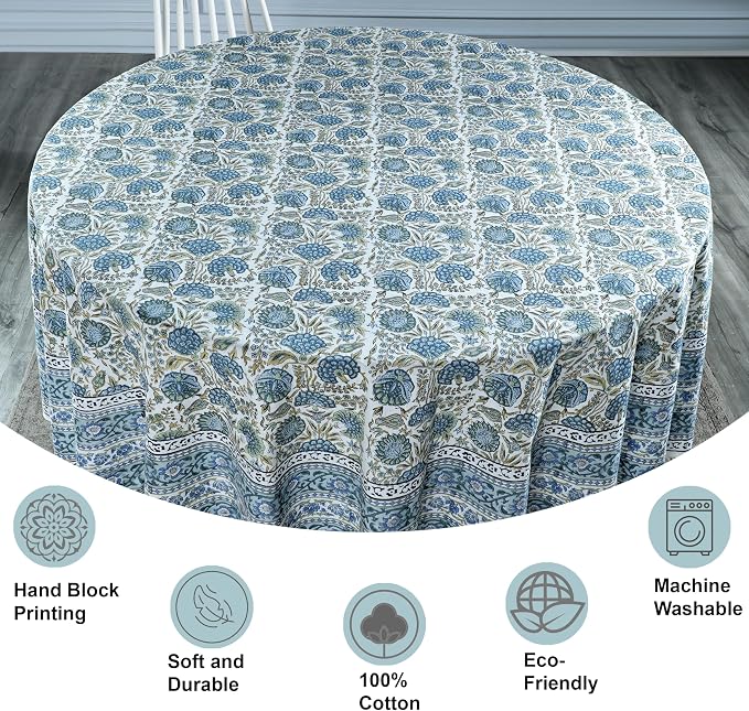 Ridhi Round Tablecloth Hand Block Print 100% Cotton Reusable Asparagus Green 110 Inch Table Cover Decorative Everyday Use for Dining, Home, Party, Wedding, Farmhouse Gift for Spring, Mother's Day