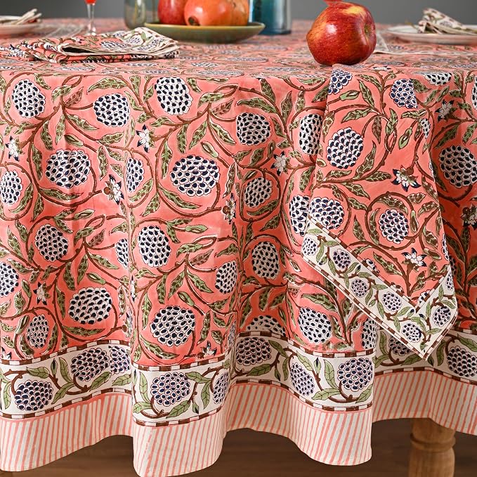 Hand Block Printed Tablecloth – Colorful Floral Print | 100% Cotton | Indian Artisan Handmade Art | Dining Room, Kitchen, Outdoor Décor, (Dark Salmon Pink, 6 Seater 72 Inches Round)