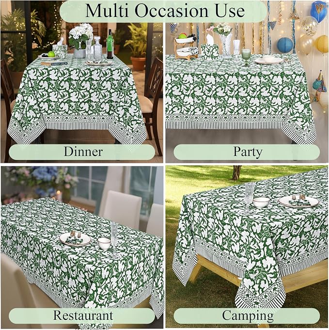 Ridhi Pantone Artichoke Hand Block Print Cotton Rectangle Tablecloth 160" x 72" inches Reusable Table Cover Decorative Everyday Use for Dining Room, Farmhouse, Home Gift for Spring, Mother's Day