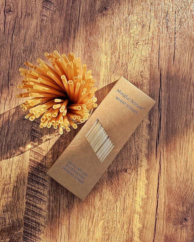 Mindful Nature® Wheat Straws - 100 All-Natural Drinking Straws - Single use, Disposable, Biodegradable, and Compostable