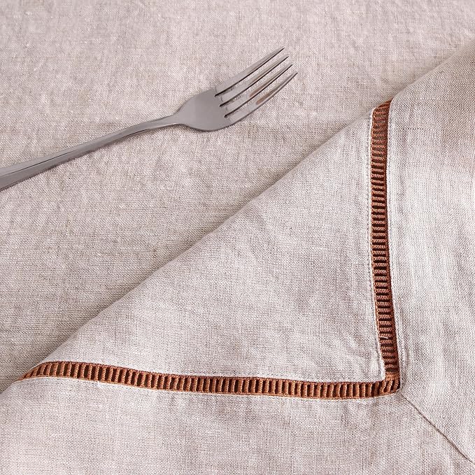 Linen World Hemstitch Linen Tablecloth,100% Natural French Flax,60x120Inch Handcrafted Natural-Macchiato Linen Table Cloth,Tabletop Decoration,Table Cloths for Kitchen,Dining