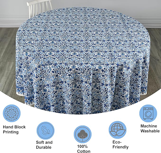 Ridhi Round Tablecloth Hand Block Print 100% Cotton Reusable Dark Royal Blue 132 Inch Table Cover Decorative Everyday Use for Dining, Home, Party, Wedding, Farmhouse Gift for Spring, Mother's Day