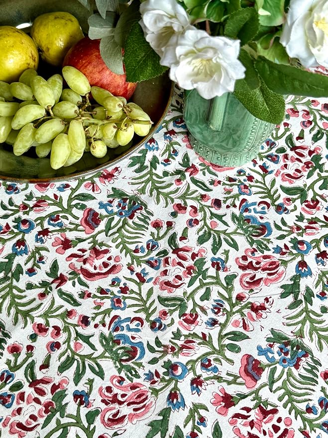 ATOSII Ambrosia 100% Cotton Rectangle Boho Spring Summer Tablecloth, Handblock Floral Table Cloth Linen for Kitchen Dining I Parties Wedding Outdoors Easter I 72 X 140 Inches I 12 Seater
