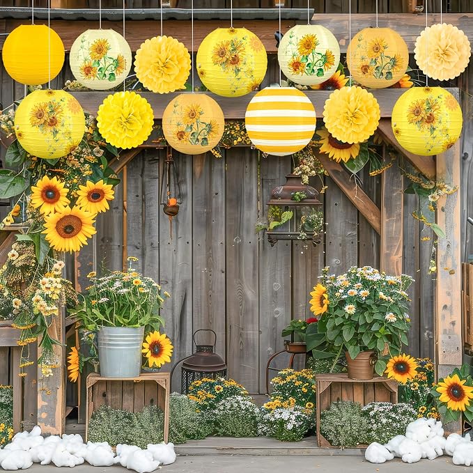 13PCS Sunflower Decor Paper Lanterns Pom Poms Summer Hanging Decor for Home Garden Indoor Outdoor
