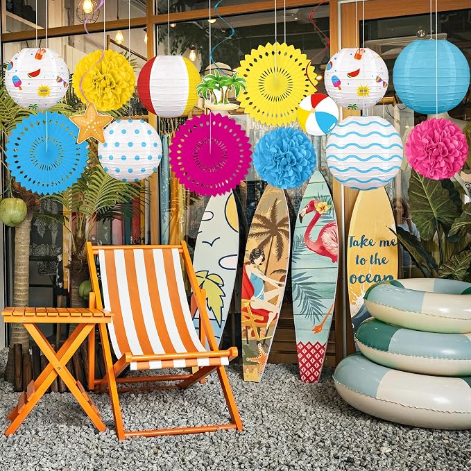Renbuzhu 15Pcs Beach Party Decorations Paper Lanterns Fans Pom Poms Hanging Swirls Summer Pool Luau Hawaiian Tropical Decor Indoor Outdoor