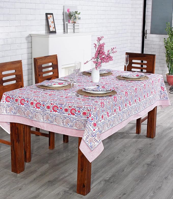 Ridhi Pigeon Blue Hand Block Print Cotton Rectangle Tablecloth 118 x 70 inch-Reusable Table Cover Decorative Everyday Use for Dining Room, Farmhouse, Thanksgiving, Christmas Wedding, Fall