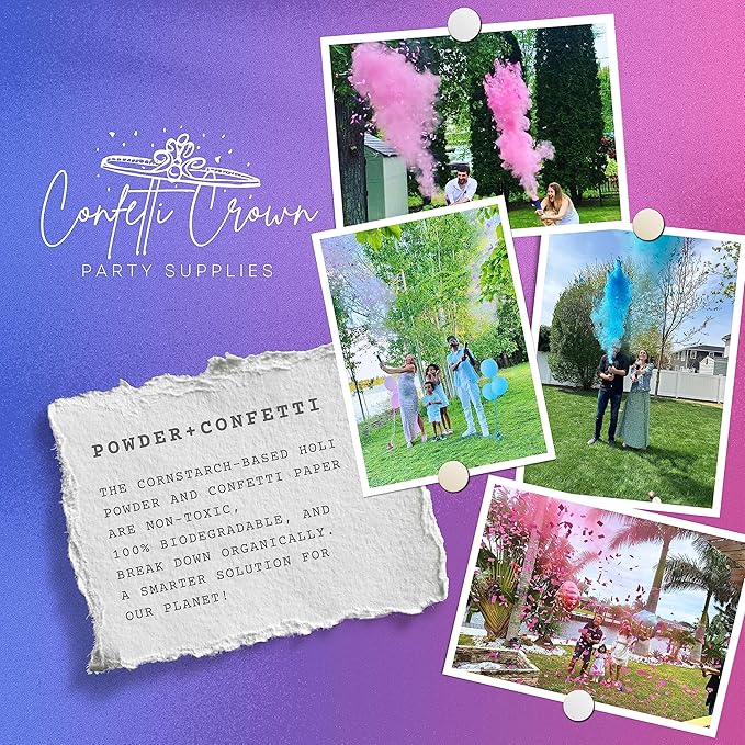 Confetti Crown Baby Gender Reveal Confetti Powder Cannon | 12” [PACK OF 4] 2 Pink & 2 Blue - 100% Biodegradable Confetti & Powder Smoke (Pink/Blue)