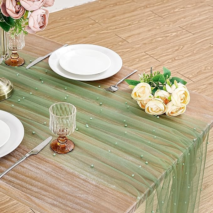 Wedding Pearl Tulle Table Runner: 10ft Sheer Fabric 6pcs Wedding Lace Desk Runners Arch Ceilings for Bridal Veil Baby Shower Sweetheart Table Decorations