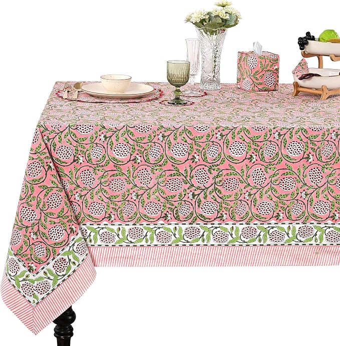 Ridhi Strawberry Pink Hand Block Print Cotton Rectangle Tablecloth 160" x 72" inches Reusable Table Cover Decorative Everyday Use for Dining Room, Farmhouse, Home Gift for Spring, Mother's Day