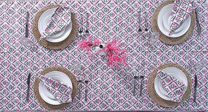 Ridhi Pink and White Hand Block Print Cotton Rectangle Tablecloth 102" x 48" inches Reusable Table Cover Decorative Everyday Use for Dining Room, Farmhouse, Home Gift for Spring, Mother's Day