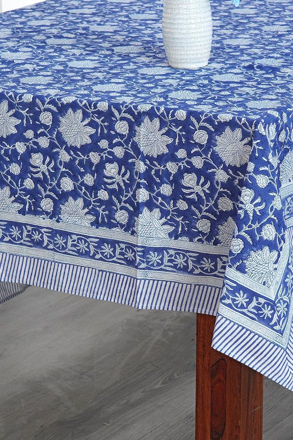 Ridhi Dark Blue Hand Block Print Cotton Rectangle Tablecloth 190" x 72" inches Reusable Table Cover Decorative Everyday Use for Dining Room, Farmhouse, Home Gift for Spring, Mother's Day