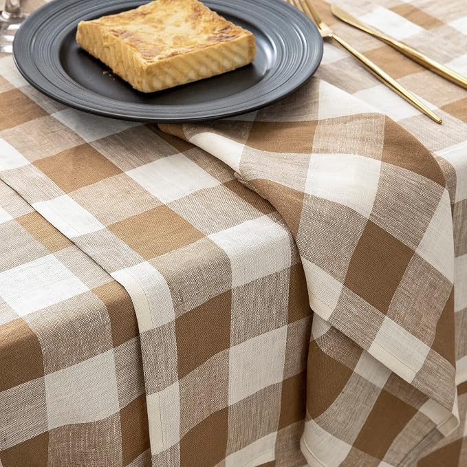 EVERLY 100% Yarn-Dyed Linen Rectangle Tablecloths 60x108Inches for Dining,Buffet Parties,Picnic,Events and Restaurants,Decorative Halloween,Thanksgiving Machine Washable Tablecloths-Brown Plaid