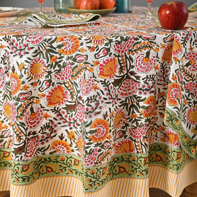 Hand Block Printed Tablecloth – Colorful Floral Print | 100% Cotton | Indian Artisan Handmade Art | Dining Room, Kitchen, Outdoor Décor, (Yellow Sunflower, 6 Seater 72 Inches Round)