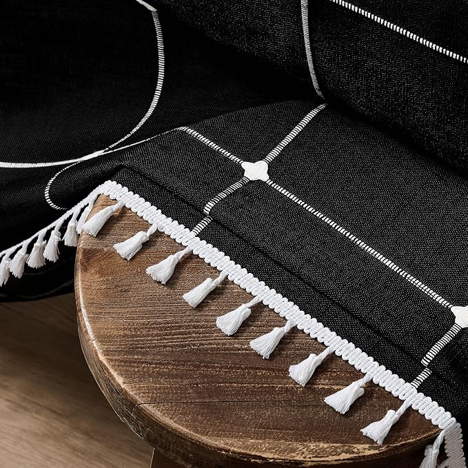 ZeeMart Boho Grid Table Cloth with Tassels (Black, 60" Round), Heavy Weight Linen Checked Embroidered Farmhouse Tablecloth, Water Resistant Round Black Tablecloths
