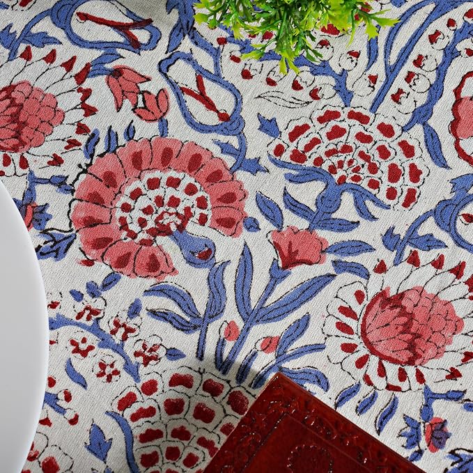 Ridhi Round Tablecloth Hand Block Print 100% Cotton Reusable Flamingo Pink 120 Inch Table Cover Decorative Everyday Use for Dining, Home, Party, Wedding, Farmhouse, Party Gift for Spring, Mother's Day