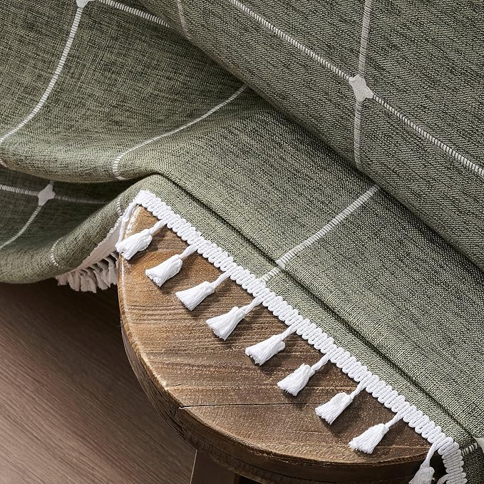 ZeeMart Boho Grid Table Cloth with Tassels (Olive, 60" x 104"), Heavy Weight Linen Checked Embroidered Farmhouse Tablecloth, Water Resistant Rectangle Olive Green Tablecloths