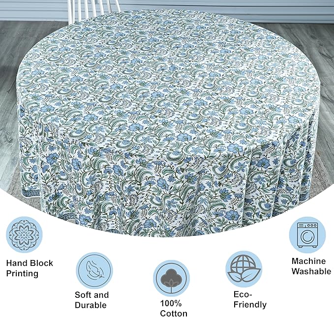 Ridhi Round Tablecloth Hand Block Print 100% Cotton Reusable Columbia Blue 90 Inch Table Cover Decorative Everyday Use for Dining, Home, Party, Wedding, Farmhouse, Party Gift for Spring, Mother's Day